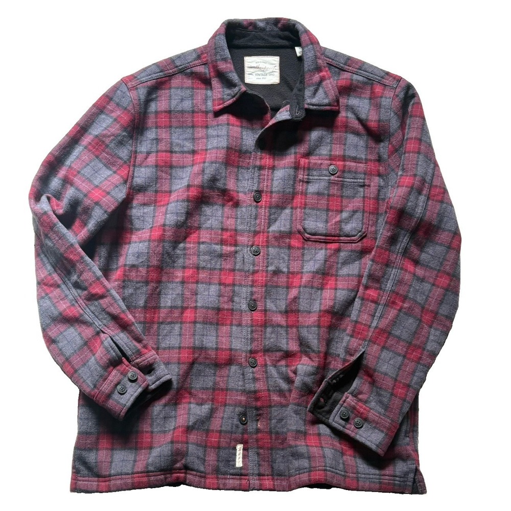 Weatherproof Vintage Mens Fleece Lined Shirt Jacket Red Gray Plaid Size Large